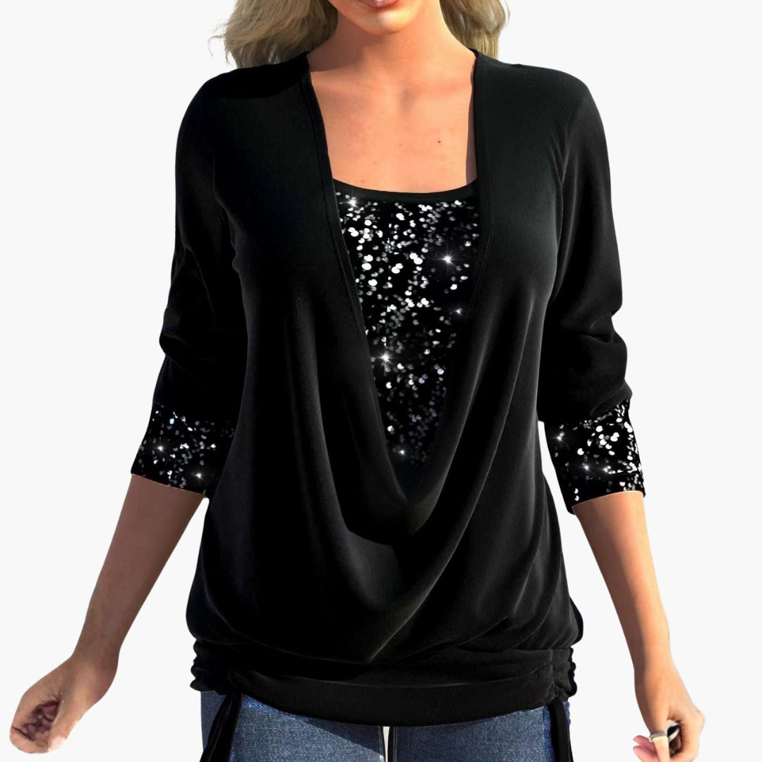 Women's elegant draped sequin front top with collar, sequin cuffs, and side tie hem