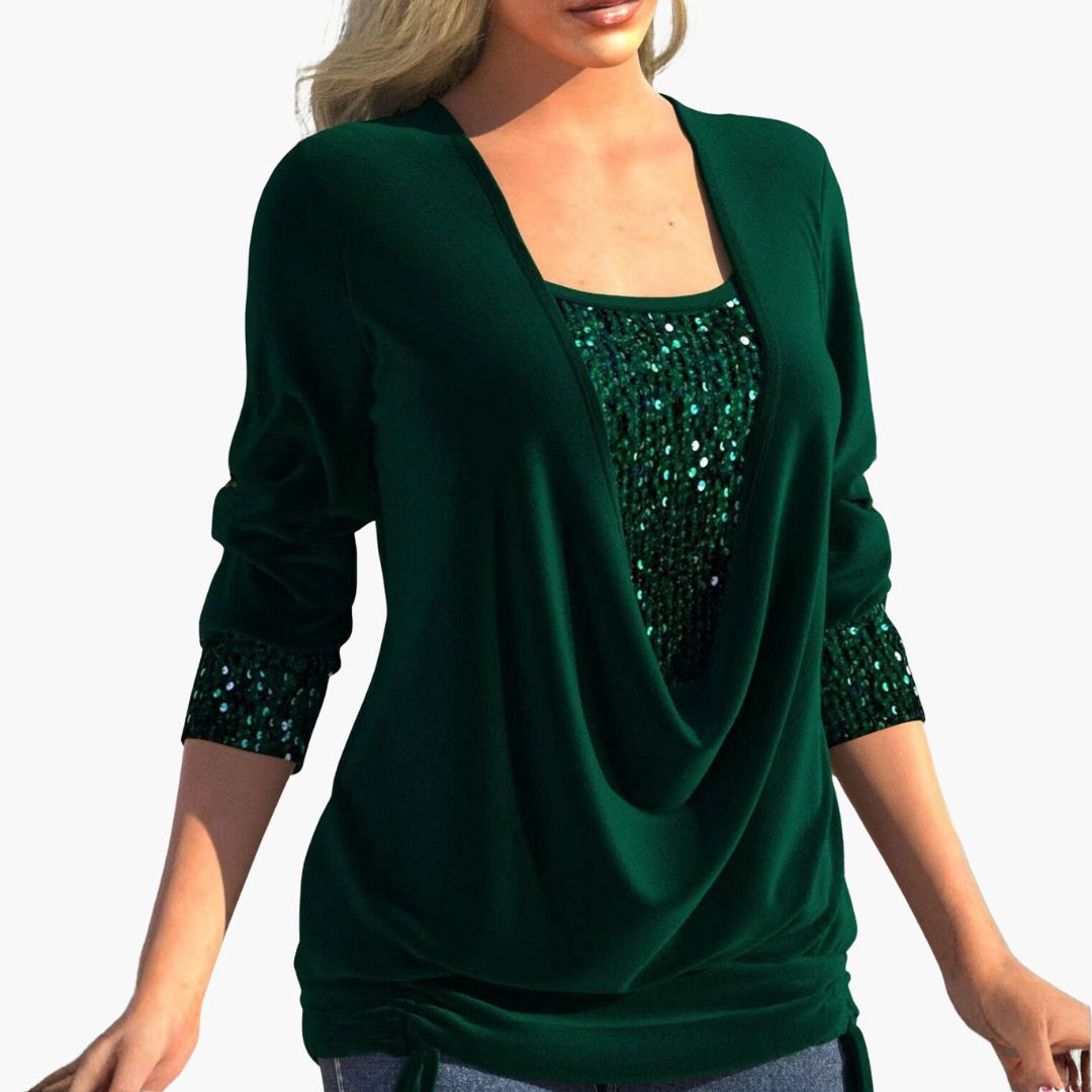 Women's elegant draped front top with sequin collar yoke, cuffed panels, and side tie hem