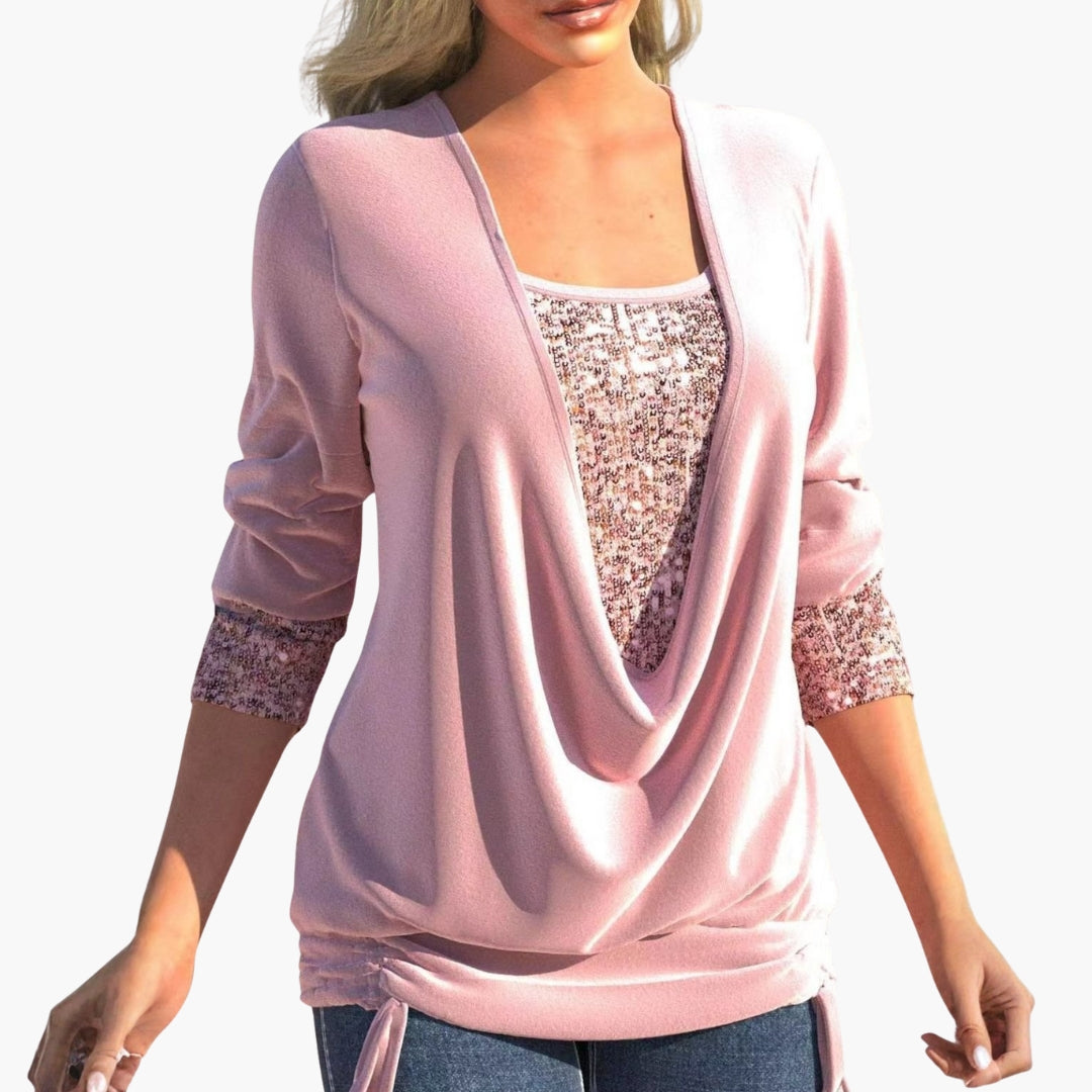 Women's elegant draped front sequin top with collar yoke, cuffed panels, and side tie hem