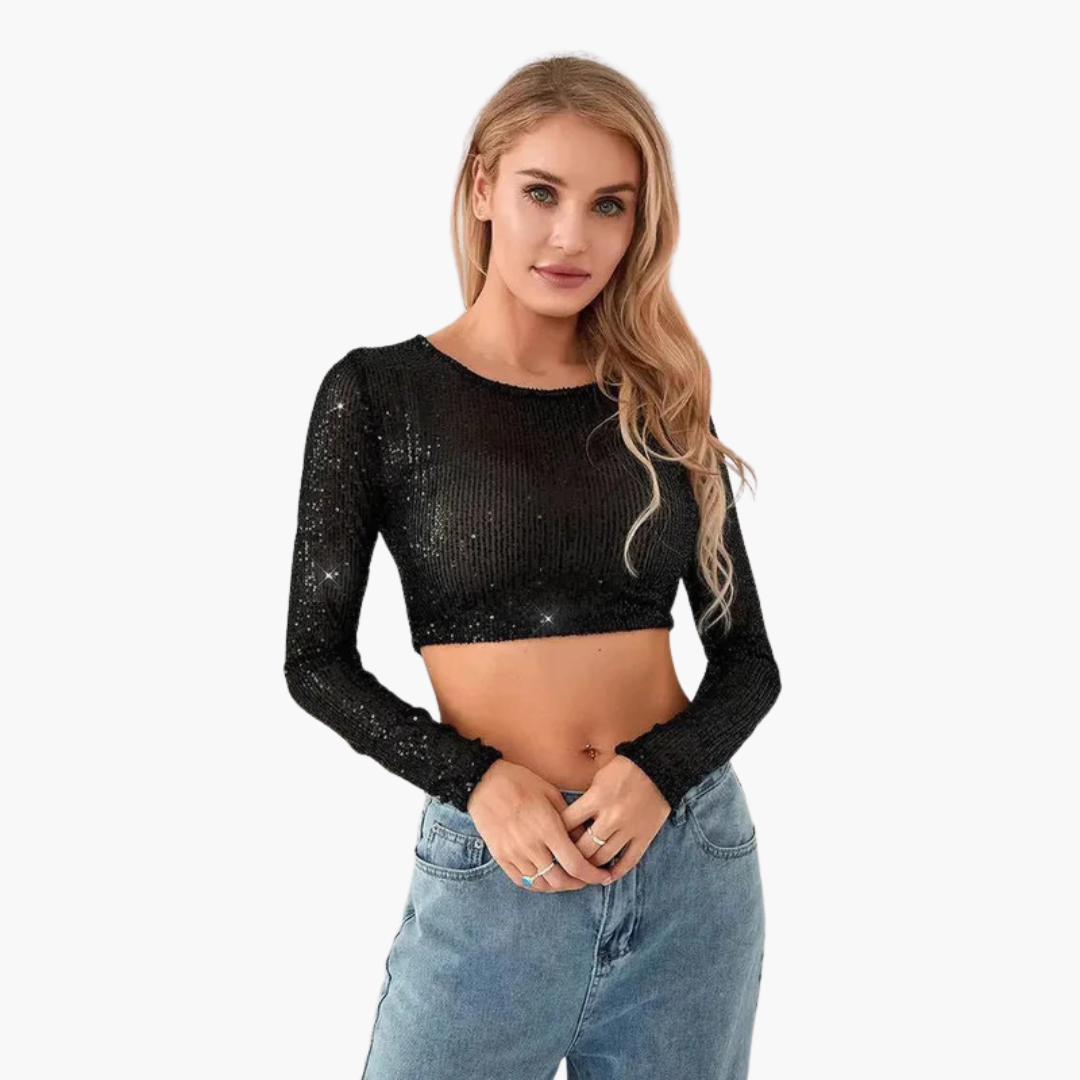 Women's allover sequin long sleeve top with round neckline, elegant slim fit for evening occasions