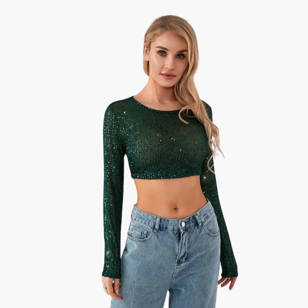 Women's silver allover sequin long sleeve top with round neckline elegant evening slip-on silhouette