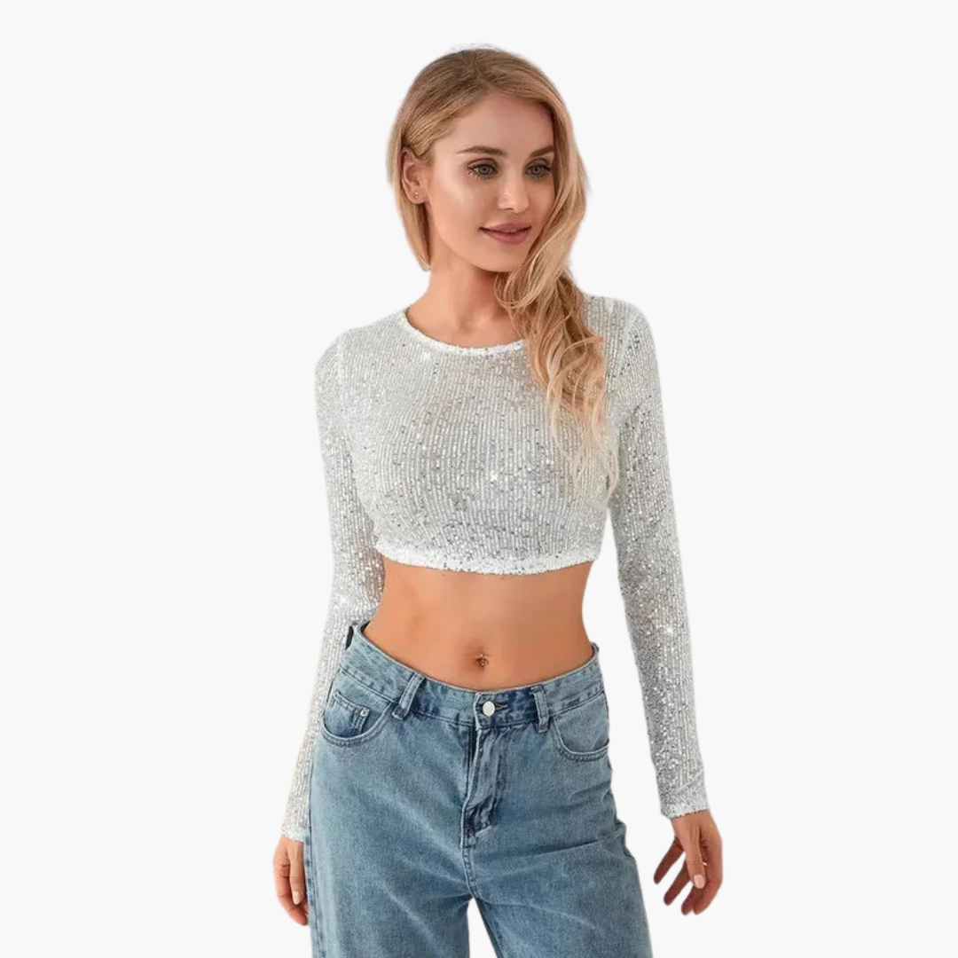 Women's elegant silver sequin long sleeve top with round neckline, allover shimmer slip-on evening style