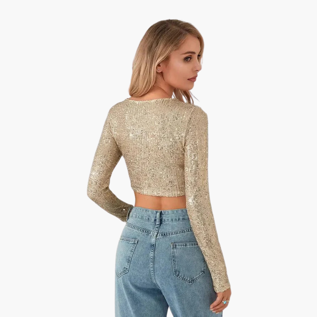 Women's silver allover sequin long sleeve top with round neckline elegant slip-on evening style