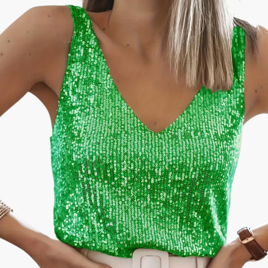 Women's silver sequin sleeveless V-neck top with thin straps and hip-length glamorous shimmering finish