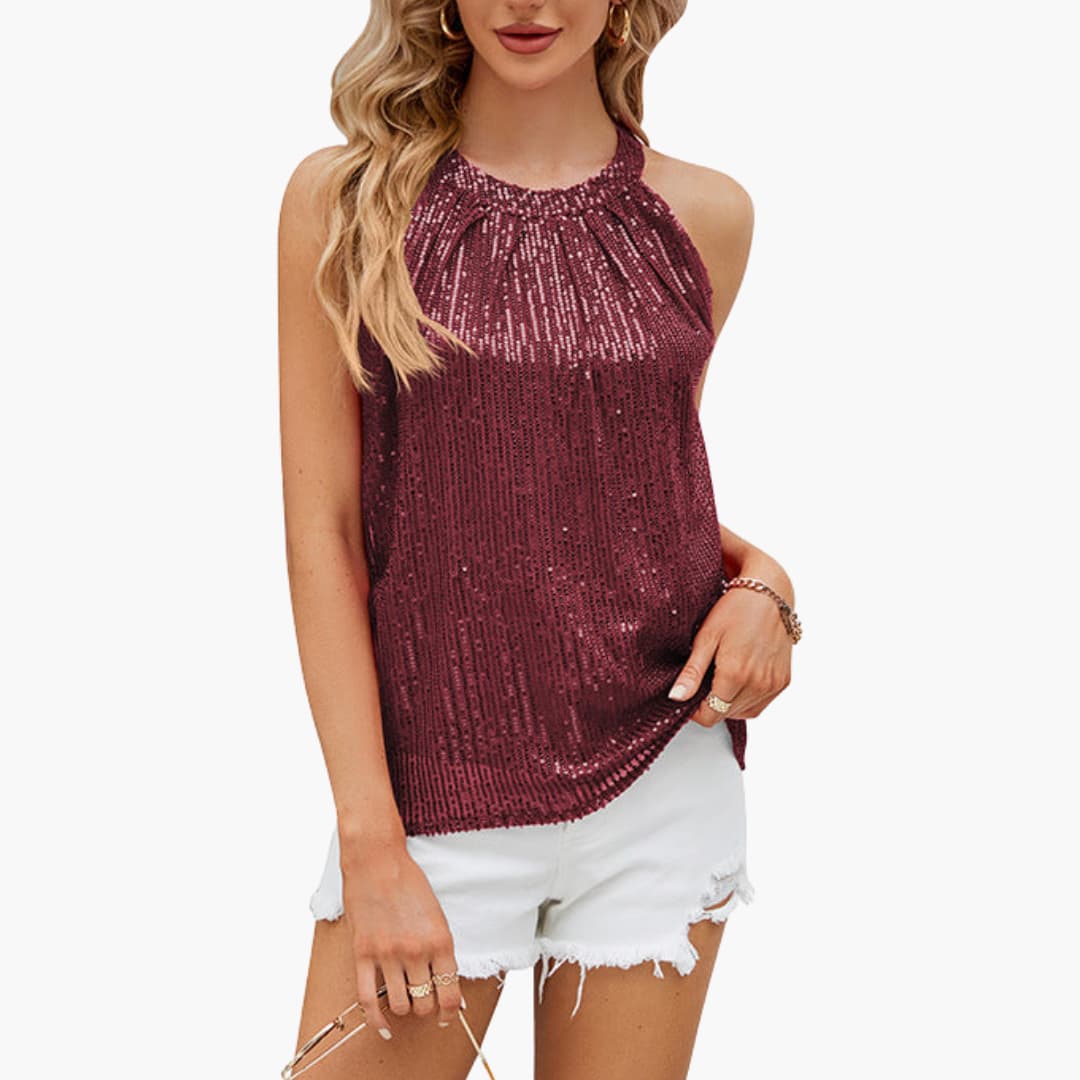 Women's silver sequin backless tank top with thin straps and sparkling embellished front