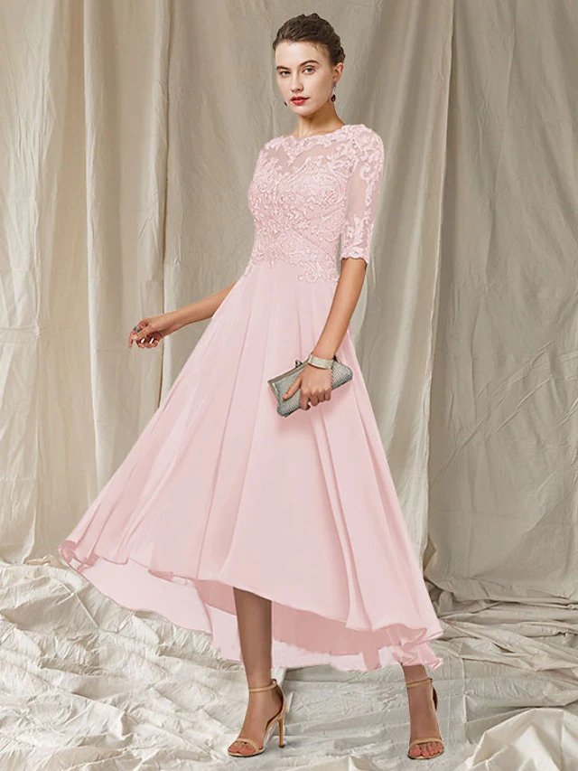 Elegant ankle-length bridesmaid gown with lace-detailed bodice for weddings and formal occasions
