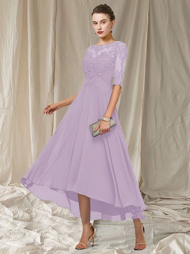 Elegant ankle-length bridesmaid gown with lace-detailed bodice, perfect for weddings and formal occasions