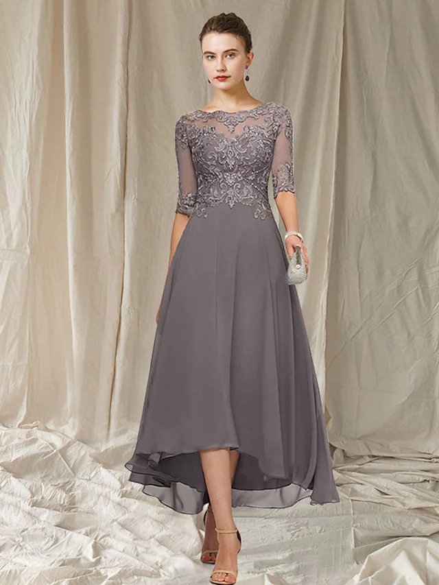 Elegant ankle-length bridesmaid gown with lace-detailed bodice, perfect for formal wedding occasions
