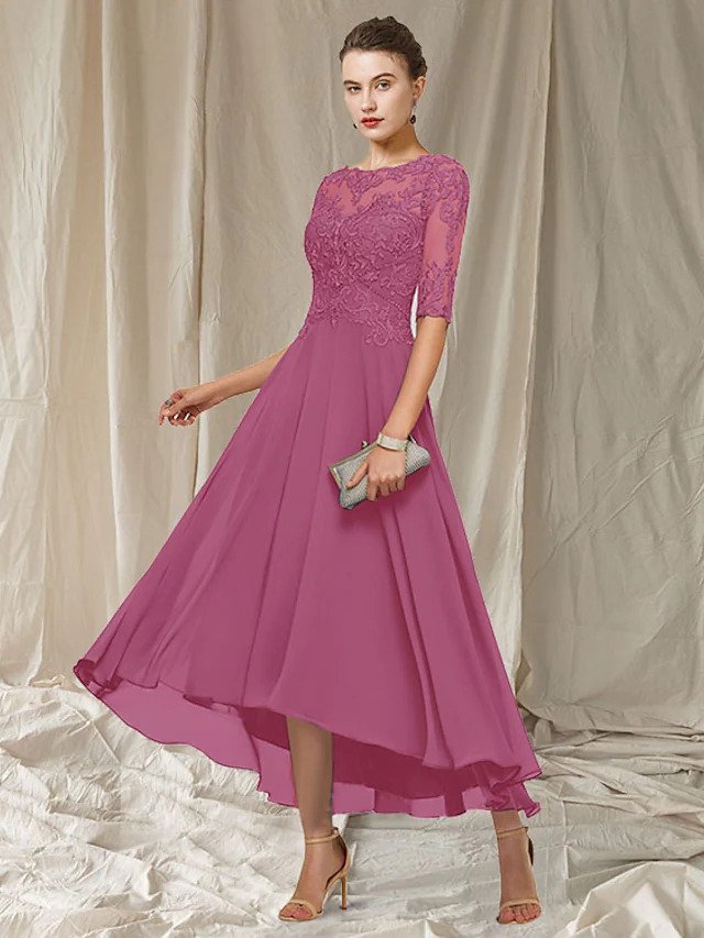 Elegant ankle-length bridesmaid gown with lace-detailed bodice for weddings and formal occasions