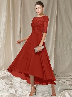 Elegant ankle-length bridesmaid gown with lace-detailed bodice, perfect for weddings and formal occasions
