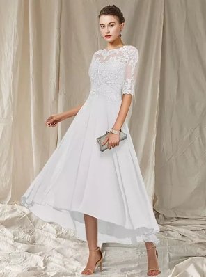 Elegant ankle-length bridesmaid gown with lace-detailed bodice, perfect for weddings and formal occasions