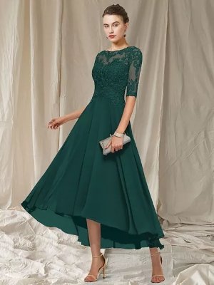 Elegant ankle-length bridesmaid gown with lace-detailed bodice, perfect for weddings and formal occasions
