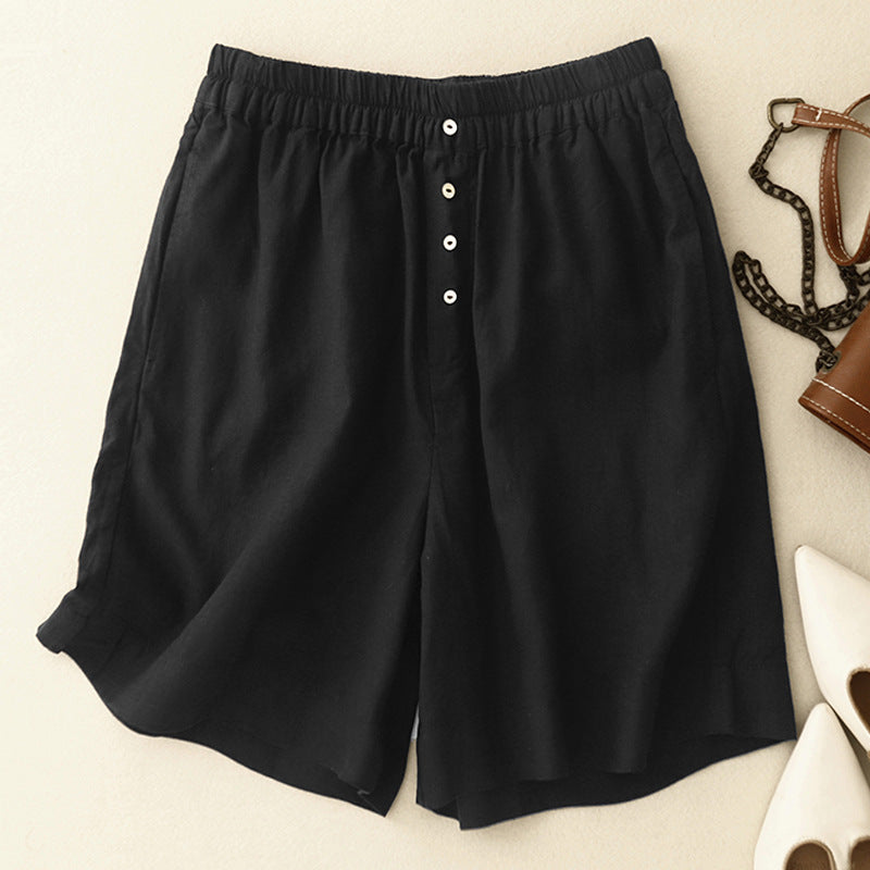 Haven relaxed linen blend shorts in neutral tone with elastic waist, button-front detail, and side pockets