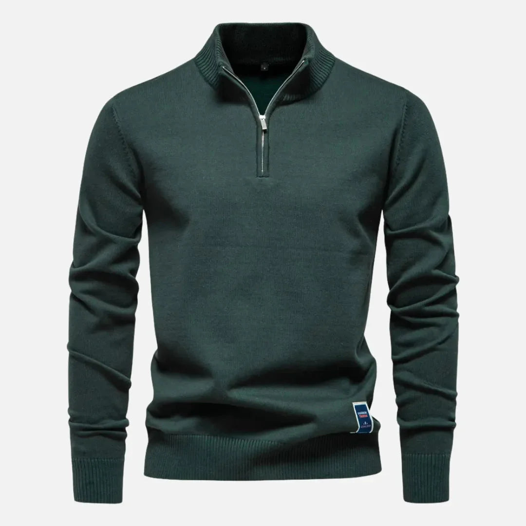 Men's fitted quarter-zip sweater in premium knit with sleek minimalist neckline for versatile layering