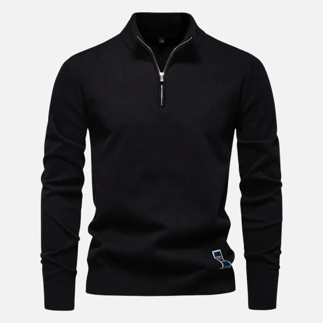 Men's fitted quarter-zip knit sweater in minimalist style with sleek neckline for versatile layering