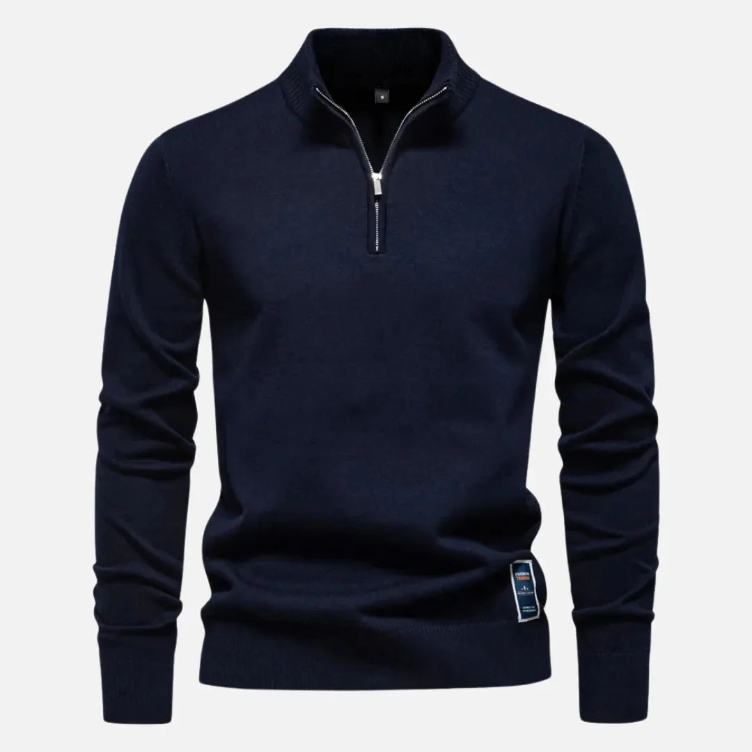 Men's fitted quarter-zip knit sweater modern minimalist style with sleek neckline for versatile layering