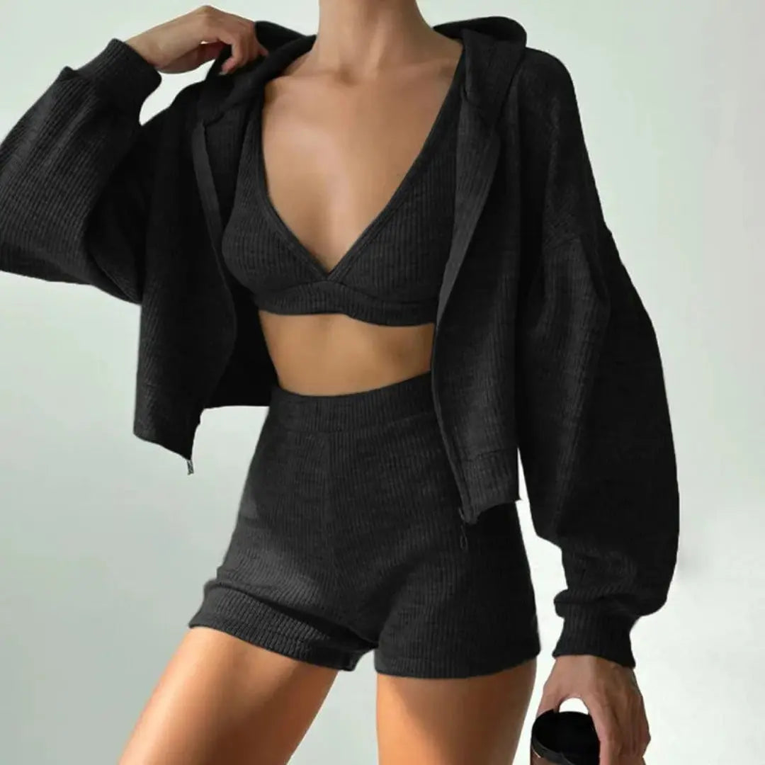 Women's ribbed knit 3-piece loungewear set with zip-up hoodie, bralette & high-waisted shorts