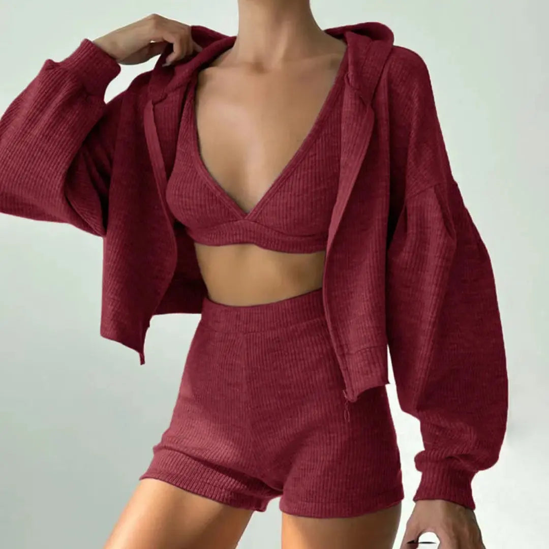 Women's ribbed knit 3-piece loungewear set with zip-up hoodie, bralette & high-waisted shorts