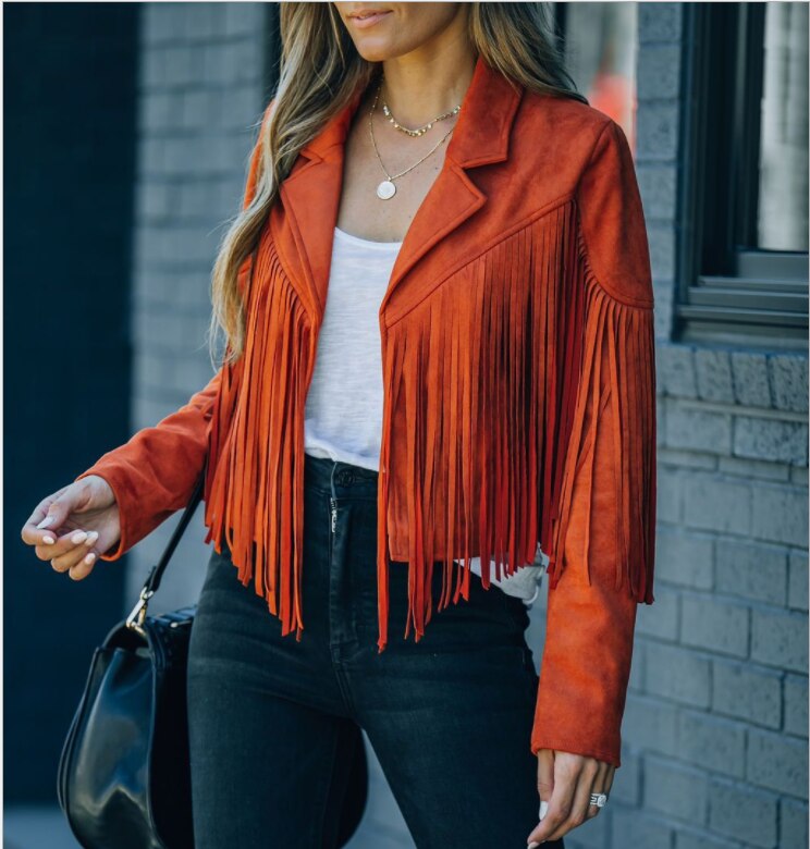 Rose women's fringed suede moto jacket with bold fringe detailing and edgy biker-inspired style