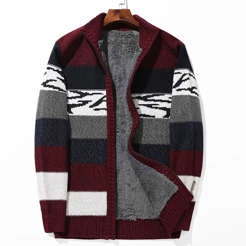 Unisex color-block wool cardigan with sherpa fleece lining, bold patchwork pattern, lightweight cozy fit