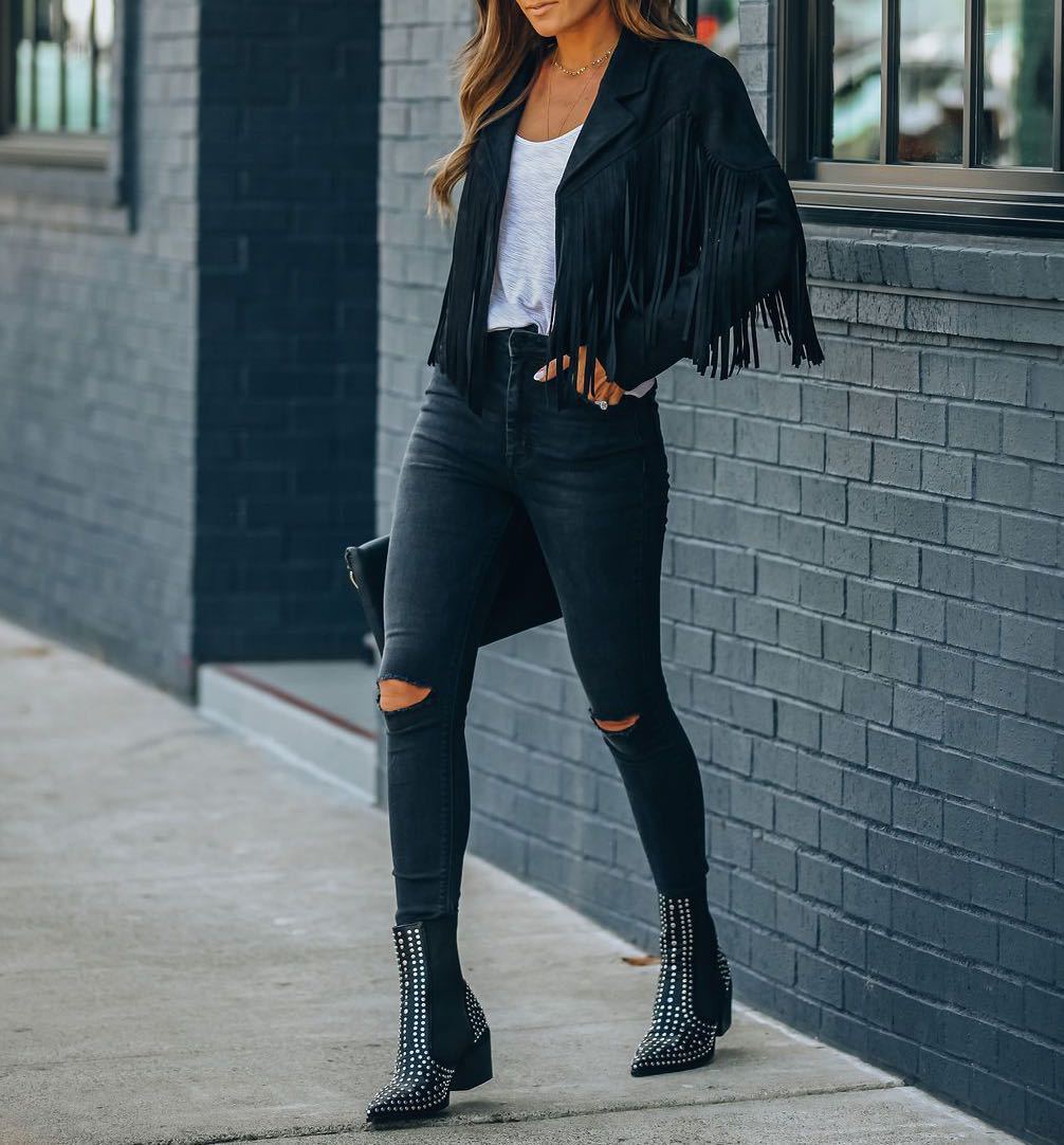 Rose women's fringed suede moto jacket with bold fringe detailing and edgy biker style