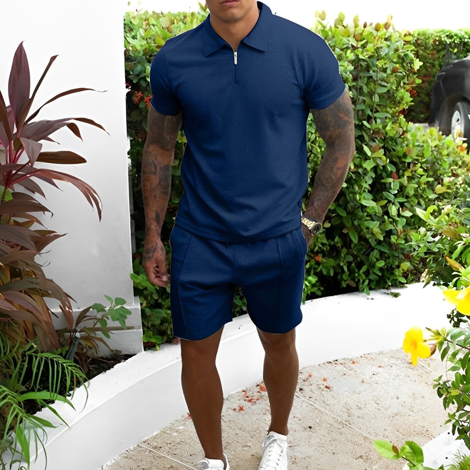 Men's light blue polo shirt and shorts matching summer set, relaxed-fit breathable two-piece beach outfit