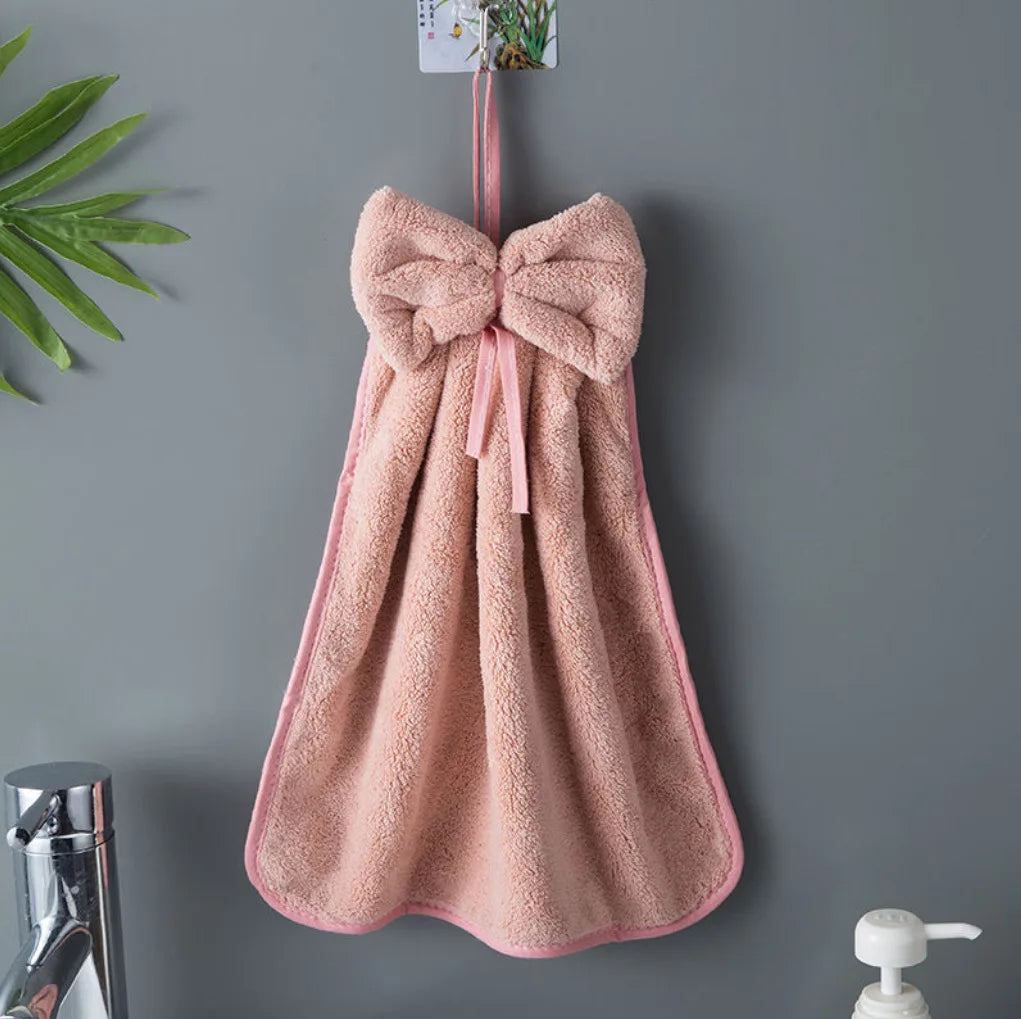 Coral velvet microfiber towel with bow charm accent, ultra-soft quick-dry for kitchen and bath