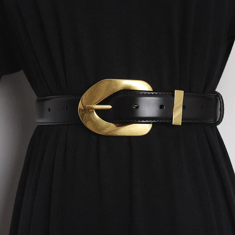 Genuine leather waistband belt with polished oversized statement buckle, adjustable one size fits all