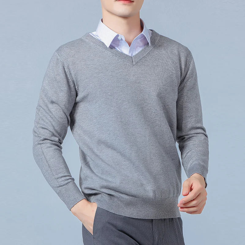 Men's gray wool blend crewneck sweater with adaptive warmth technology for business casual wear