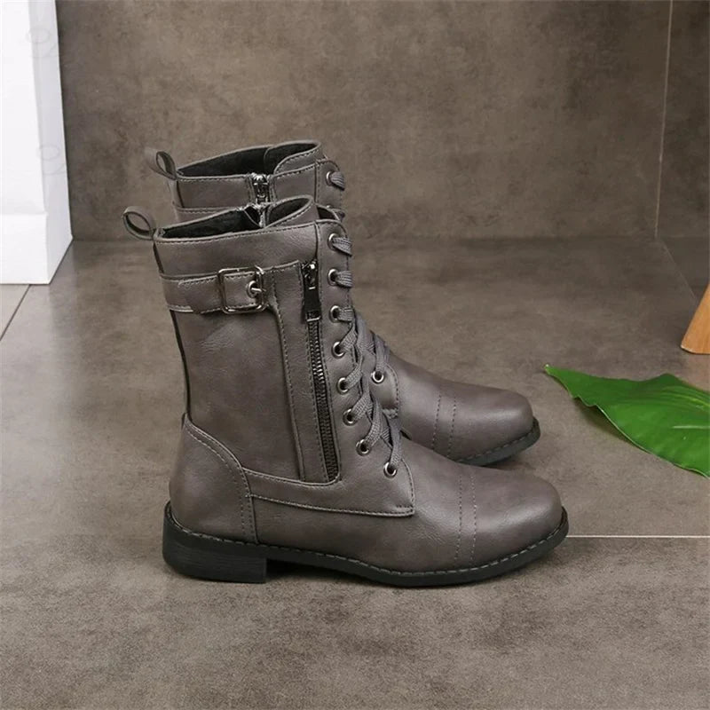 Women's brown mid-calf frontier boots textured leather lace-up zip closure western style