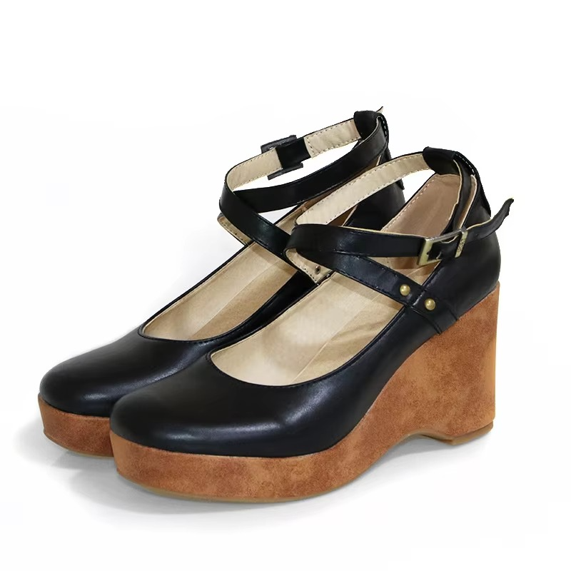 Brown chunky platform Mary Jane heels with buckle strap, gothic-inspired block heel for women