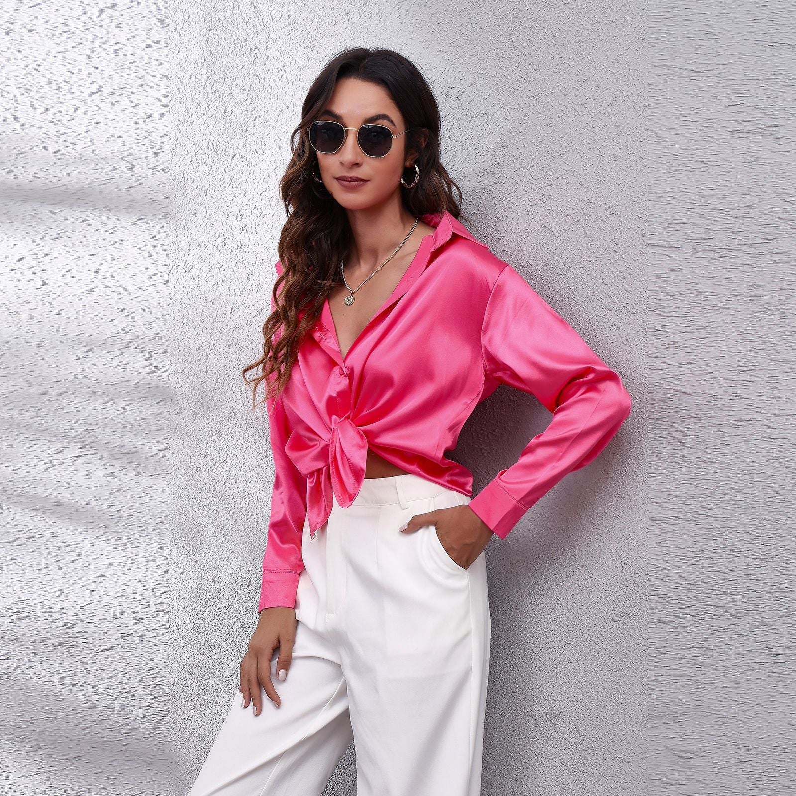 Women's loose fit satin blouse button-down office workwear with luxurious shine polished look