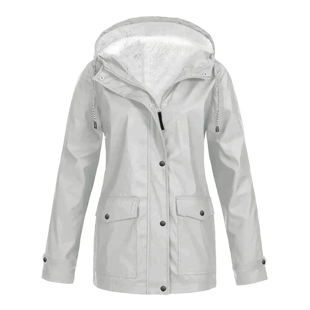 Women's black waterproof hooded coat with timeless silhouette and all-weather protection