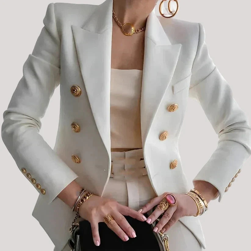 Women's structured double-breasted blazer tailored chic fit for professional elegant silhouette