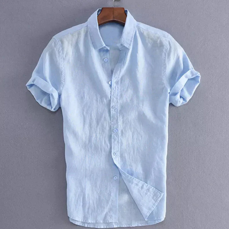 Klinst men short-sleeve casual shirt solid color retro lapel collar breathable vacation wear