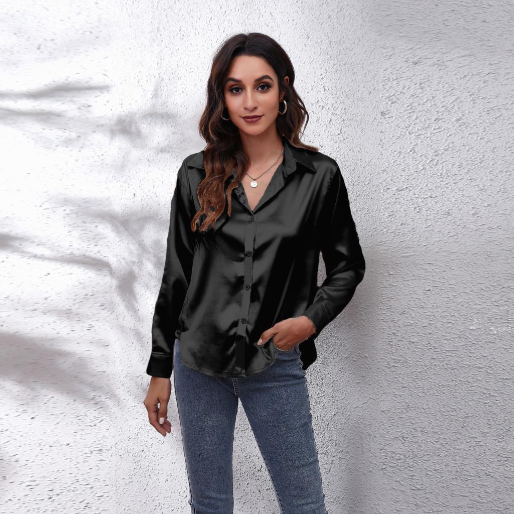 Women's loose fit satin blouse button-down office workwear with luxurious shine polished look