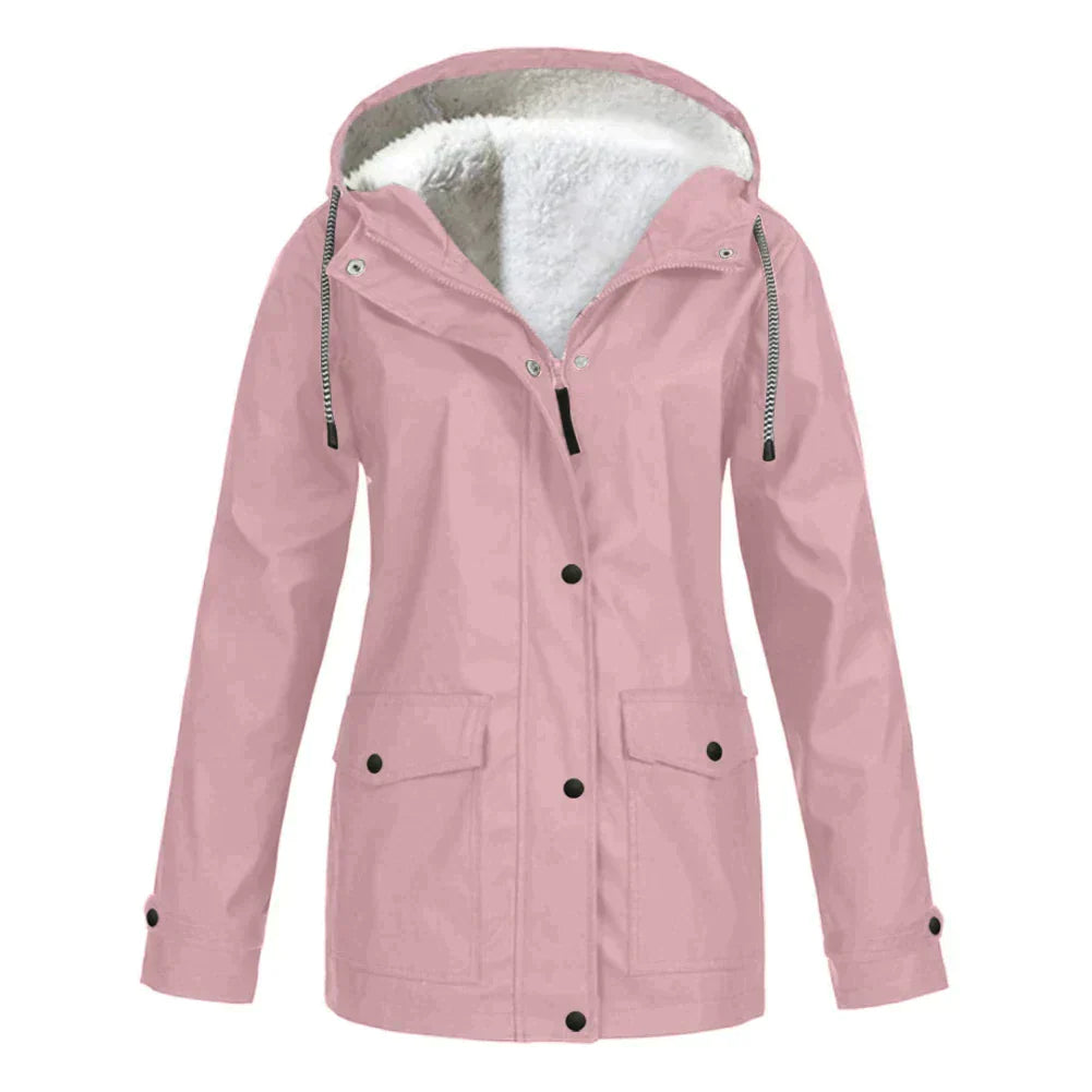 Women's black waterproof hooded coat with timeless silhouette and all-weather protection