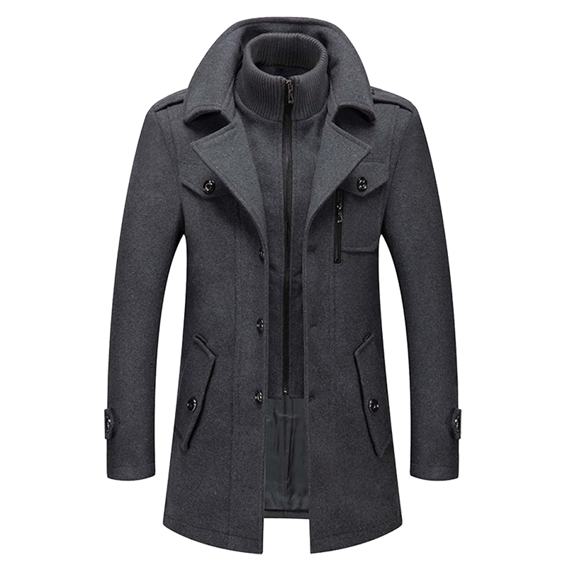 Men's structured tailored winter overcoat with inner zip layer and multiple pockets for cold weather