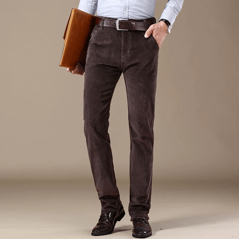 Men's brown corduroy pants slim fit vintage texture warm casual semi-formal winter trousers