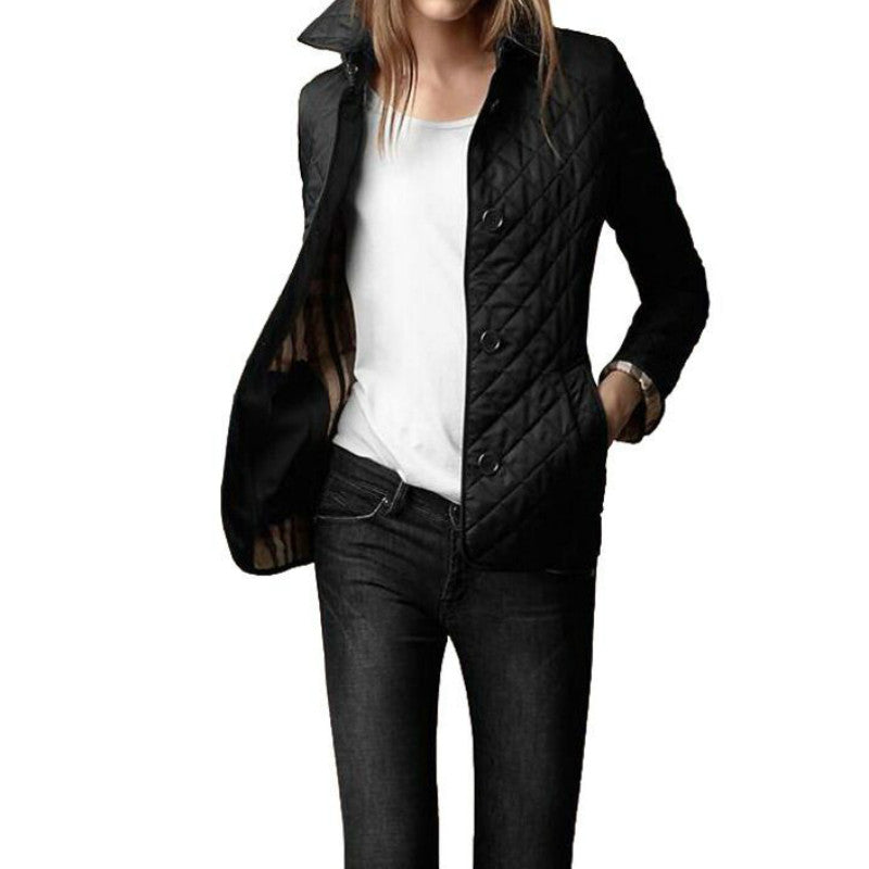 Women's slim fit quilted jacket with diamond stitching and button closure for everyday chic style