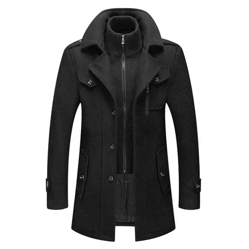 Men's wool blend double-breasted trench coat high collar winter outerwear warm structured fit