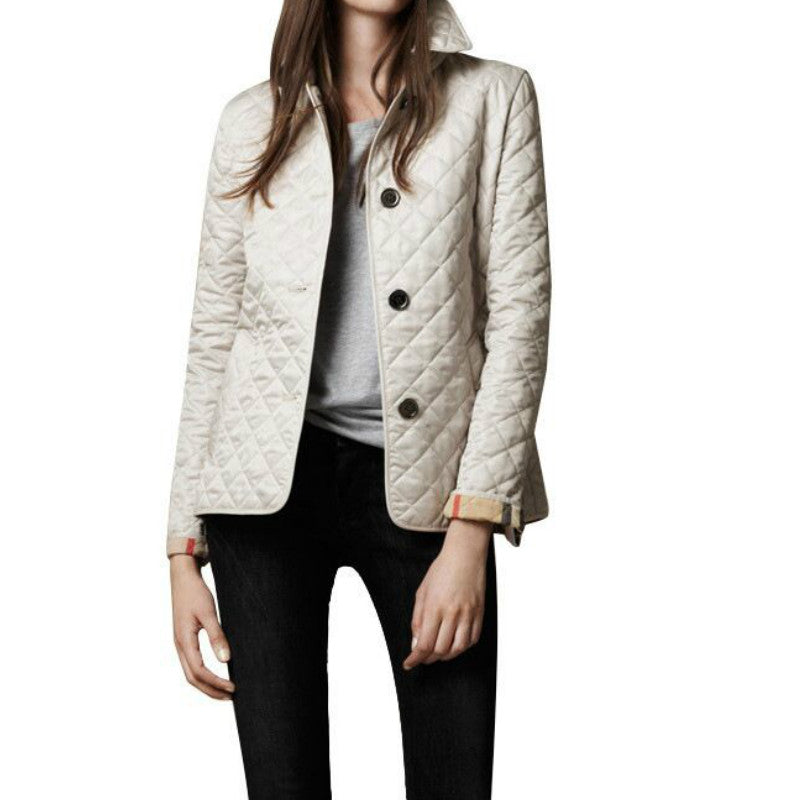 Women's slim-fit quilted jacket with diamond stitching and classic button closure for everyday chic style