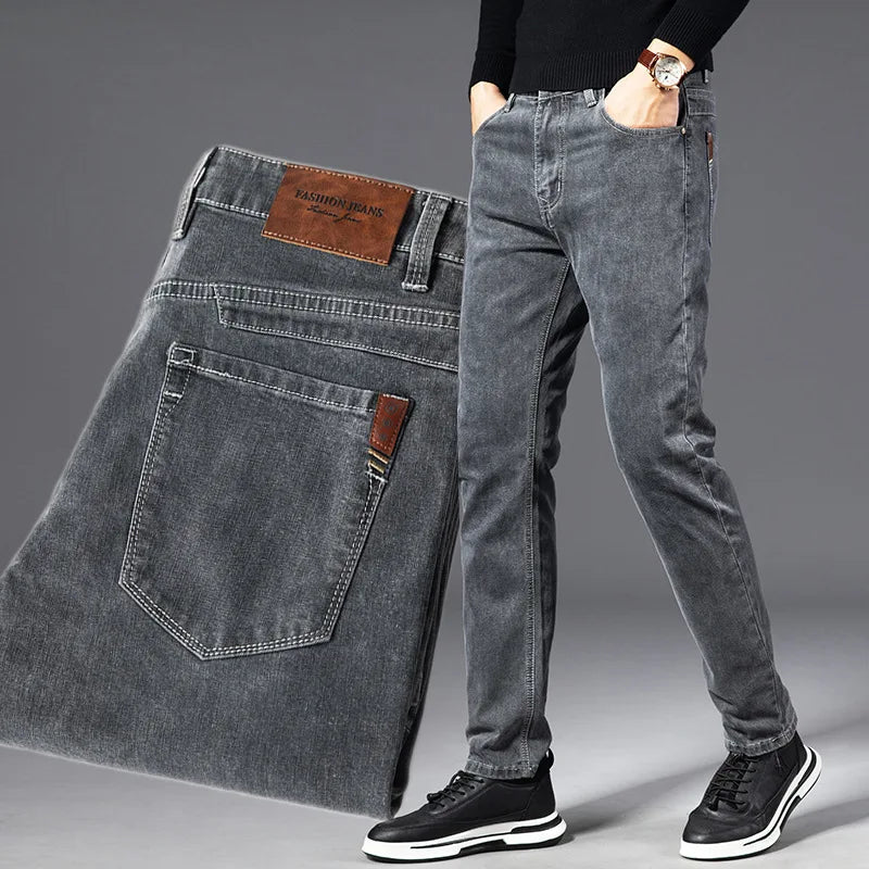 Men's straight fit stretch denim jeans in classic blue, everyday comfort with flexible breathable fabric