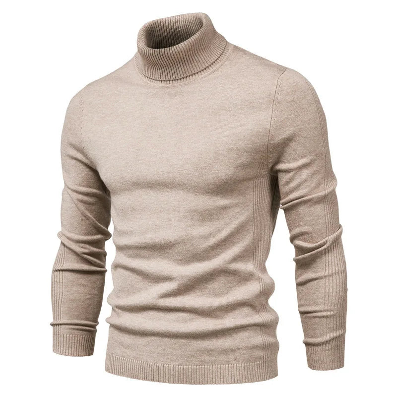 Men's slim fit cashmere turtleneck rib knit sweater in neutral tone, 90% cashmere luxury warmth