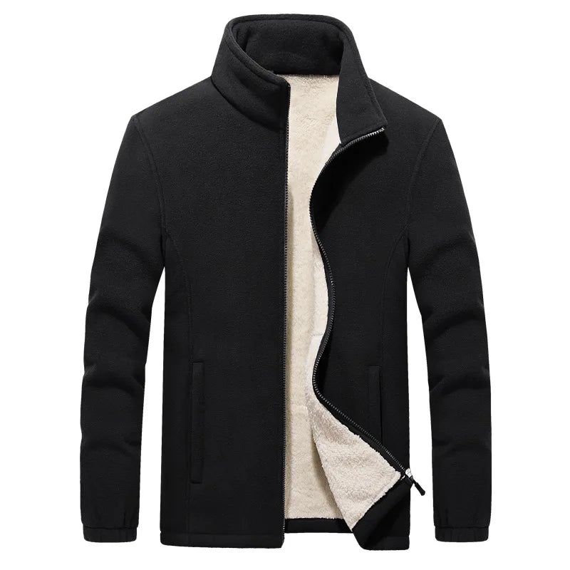 Men's fleece zip-up jacket relaxed fit stand collar soft warm interior cold-weather layering essential