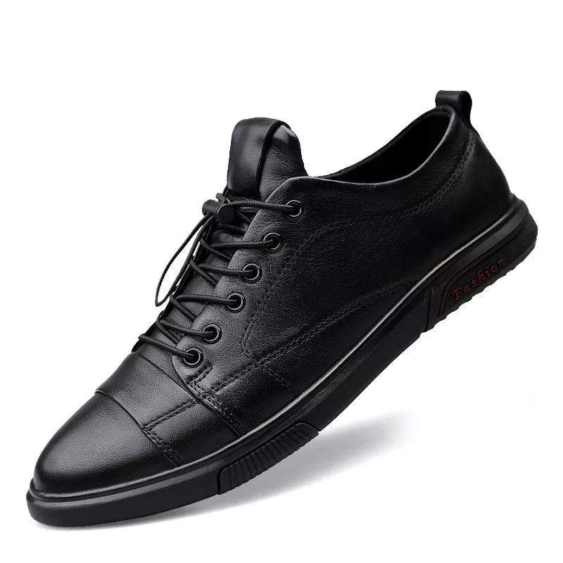 Men's white cowhide leather lace-up sneakers with flexible rubber outsole for all-day comfort