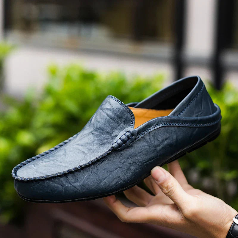 Men's brown genuine leather loafers handcrafted slip-on with patina finish and breathable lining