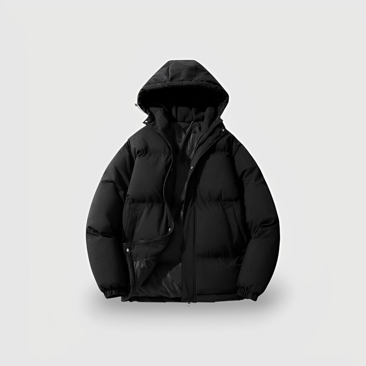 Women's black hooded puffer jacket with superior insulation and sleek silhouette for cold weather