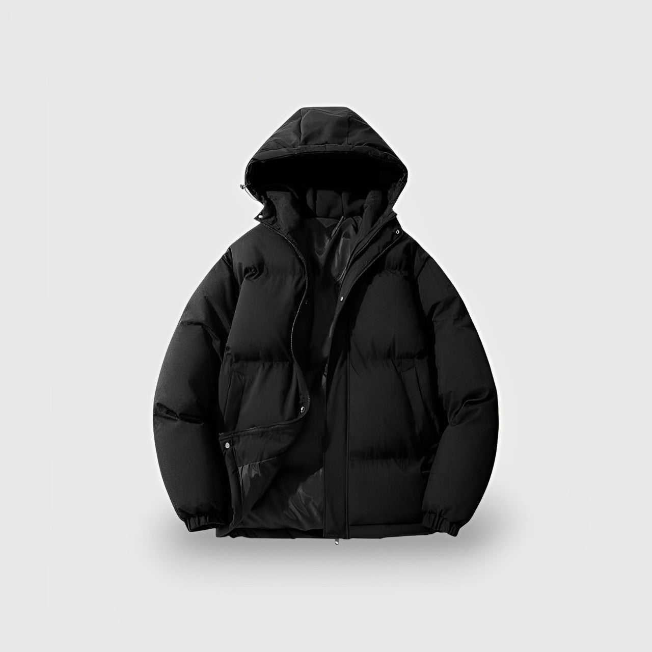 Women's black hooded puffer jacket with superior insulation and sleek silhouette for cold weather