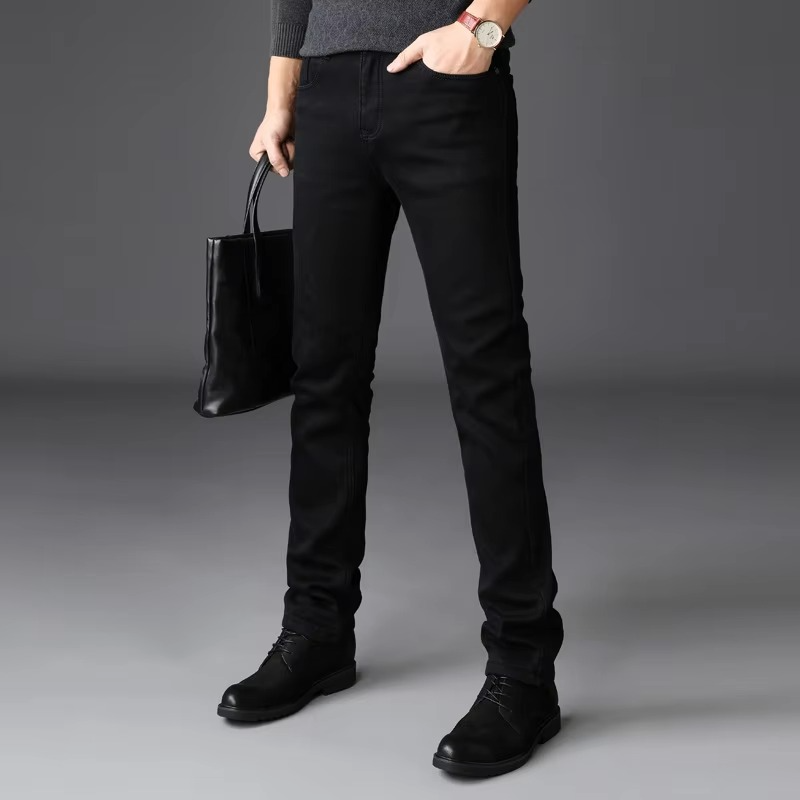 Men's black vintage wash straight fit stretch denim jeans with all-day comfort elastic fabric